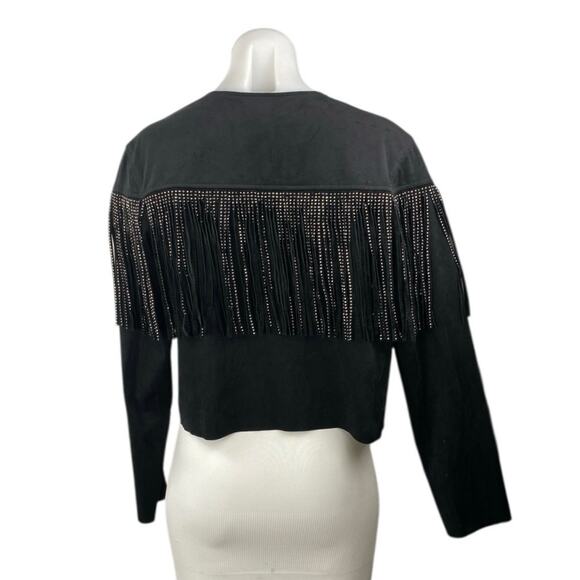 Zara Women's Black Faux Leather Suede Rhinestone Fringe Cropped Jacket Size S - Picture 4 of 6